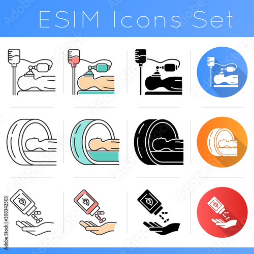 Medical procedure icons set. Anesthesia. Tomography. Homeophaty. Brain screening. Herbal pills. Alternative healthcare. Flat design, linear, black and color styles. Isolated vector illustrations photo