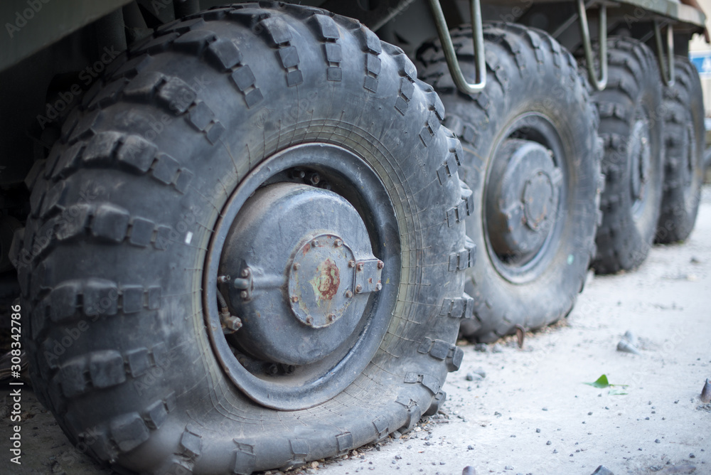 Wheels of an old military armored personnel carrier Wheels of an old military armored personnel carrier