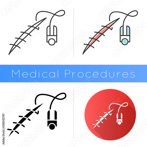 Stitching icon. Suture device. Medical surgical procedure. Wound treatment. First aid. Injury healing. Health care. Open cut help. Flat design, linear and color styles. Isolated vector illustrations