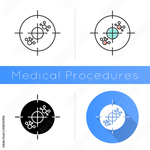 Immunotherapy icon. Leukemia test. Molecular experiment. Oncology. Cells and antibodies. Immune system. Medical procedure. Virus. Flat design, linear and color styles. Isolated vector illustrations