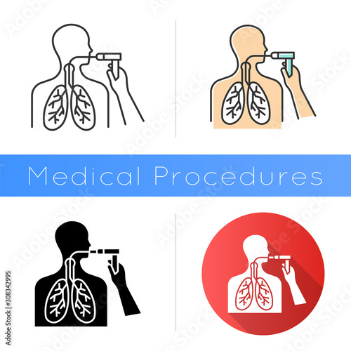 Bronchoscopy icon. Airway check. Lung cancer risk examination. Medical procedure. Chest endoscopy. Anatomy check. Illness diagnosis. Flat design, linear and color styles. Isolated vector illustrations