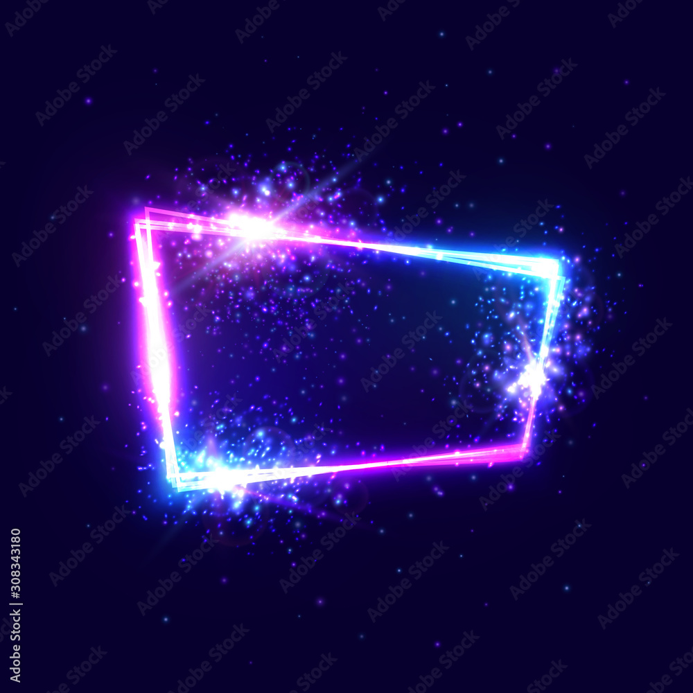 Obraz premium Rectangle shape festive neon sign with light flash star particle sparkler on dark blue background. Glowing celebrating frame. Blank space for text. Design element template. Bright vector illustration.