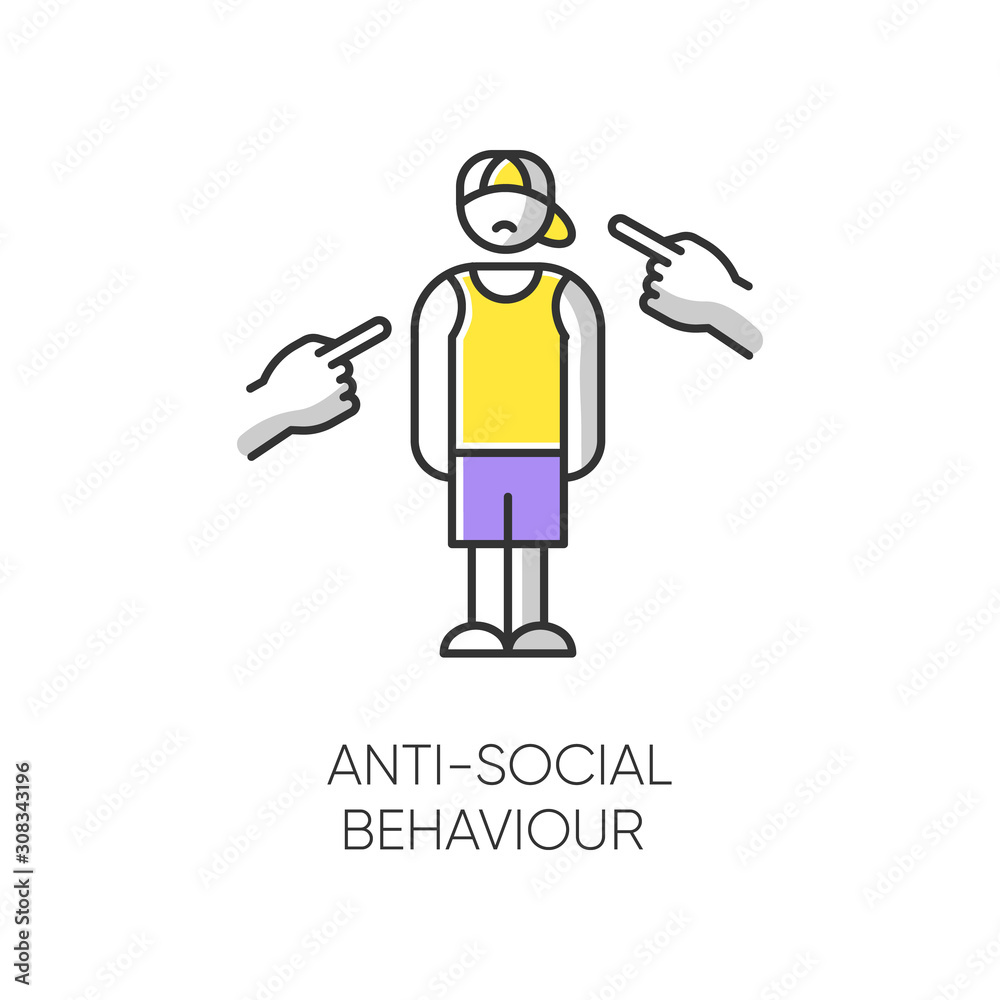 Anti-social behaviour color icon. Harassment and bullying. Teenager depression. Agressive public. Anxiety and loneliness. Isolation and asociality. Mental disorder. Isolated vector illustration