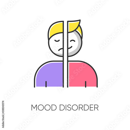 Mood disorder color icon. Manic and depressive episodes. Dysthymia, cyclothymia. Emotional swing. Happy and sad. Psychological problem. Psychiatric issue. Mental health. Isolated vector illustration