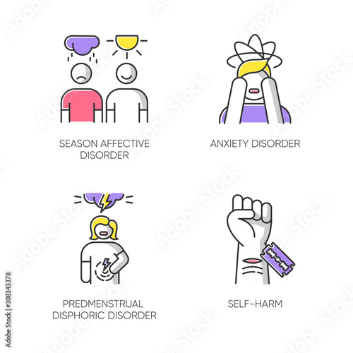 Mental disorder color icons set. Anxiety. Predmenstrual dysphoria. Self-harm. Season affective disorder. Emotional change. Mood swing. Cut vein. Woman in pain. Isolated vector illustrations