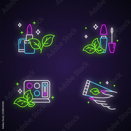 Organic cosmetics neon light icons set. Lipstick. Mascara. Eyeshadow kit. Hand cream. Eco makeup items. Skincare. Natural beauty products. Paraben free. Glowing signs. Vector isolated illustrations