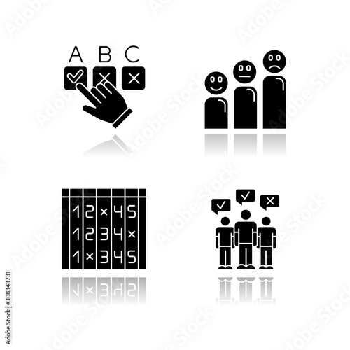 Survey drop shadow black glyph icons set. Choosing option. Satisfaction level. Positive and negative emoticons. Select number. Checklist. Mass poll. Public opinion. Vote. Isolated vector illustrations