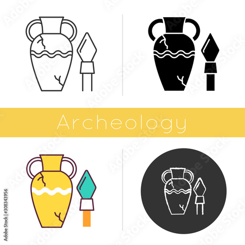 Ancient artifacts icon. Greek amphora. Roman spear. Old culture. Historical discovery. Cracked clay vase. Spartan weapon. Flat design, linear and color styles. Isolated vector illustrations