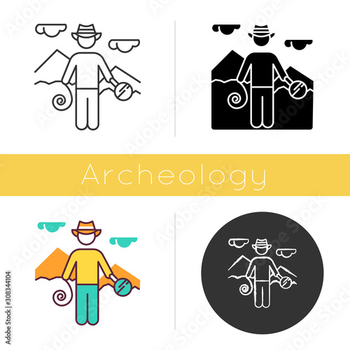 Adventurer icon. Man in hat with tools. Discovery of egyptian artifacts. Pyramid exploration. Ancient monument expedition. Flat design, linear and color styles. Isolated vector illustrations photo