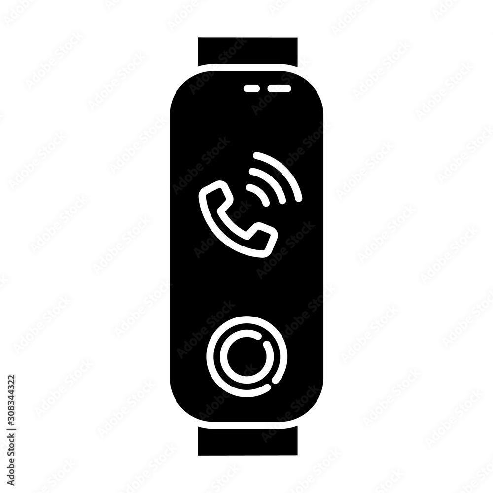 Fitness tracker with call on display glyph icon. Wellness