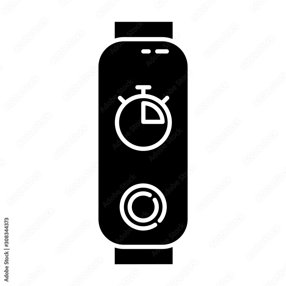 Fitness tracker with stop watch on display glyph icon. Trendy wellness device with digital timer. Active lifestyle gadget, chronometer. Silhouette symbol. Negative space. Vector isolated illustration Fitness tracker with stop watch on display glyph icon. Trendy wellness device with digital timer. Active lifestyle gadget, chronometer. Silhouette symbol. Negative space. Vector isolated illustration
