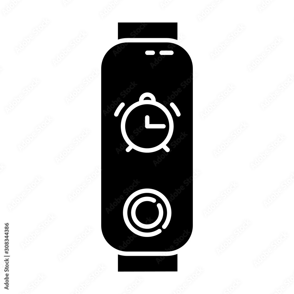 Fitness tracker with alarm clock function glyph icon. Wellness device with waking up option. Active lifestyle gadget with timepiece. Silhouette symbol. Negative space. Vector isolated illustration Fitness tracker with alarm clock function glyph icon. Wellness device with waking up option. Active lifestyle gadget with timepiece. Silhouette symbol. Negative space. Vector isolated illustration