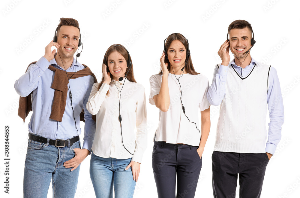 Team of technical support agents on white background Team of technical support agents on white background