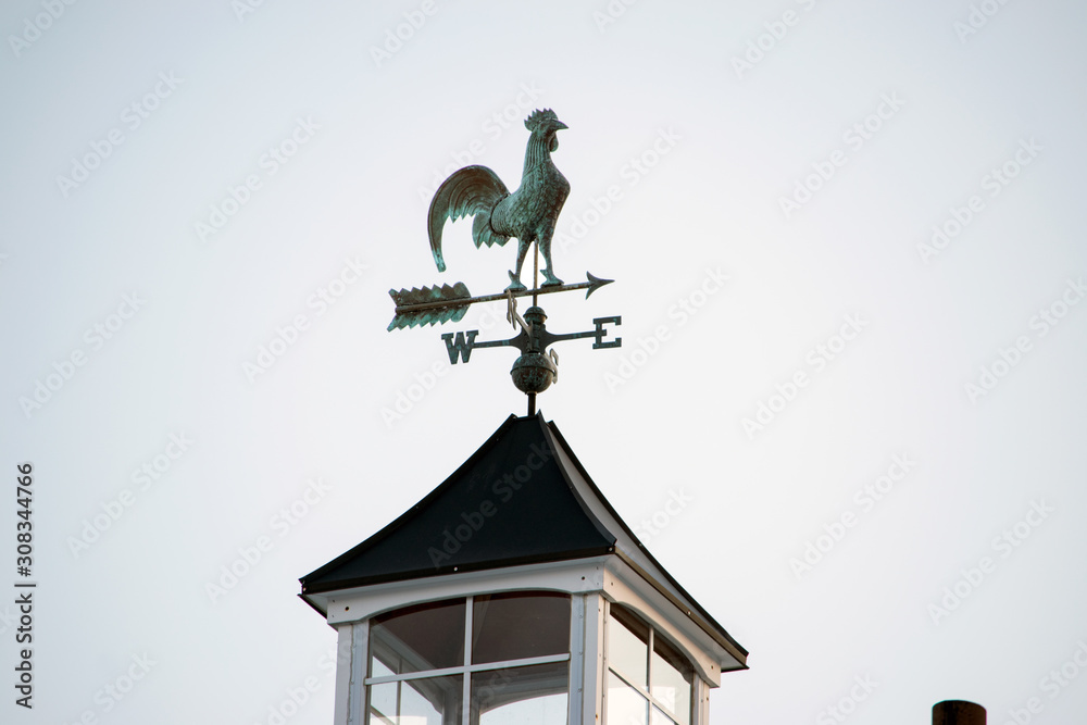 A WEATHER VANE in a shape of a Rooster  with an arrow and Directional Points attached to a post on top of a building tower