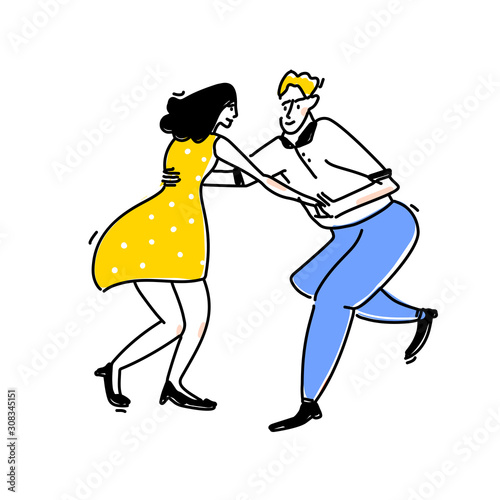 Lindy hop dance illustration. Couple in counterbalance, open position. Funny retro social party sign. Young dancing girl in yellow dress and man in blue jeans. Doodle vector line art