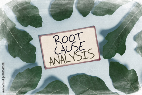 Text sign showing Root Cause Analysis. Business photo showcasing Method of Problem Solving Identify Fault or Problem Leaves surrounding notepaper above an empty soft pastel table as background photo