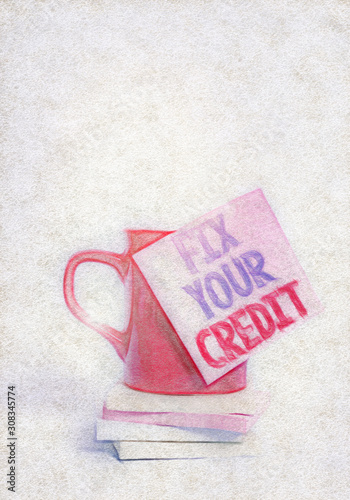 Conceptual hand writing showing Fix Your Credit. Concept meaning Keep balances low on credit cards and other credit Coffee cup colored sticky note stacked pads plain background