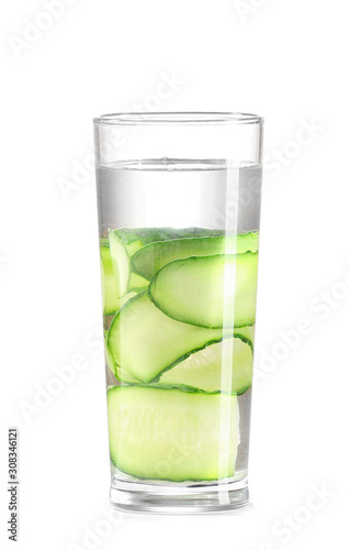 Glass of cucumber infused water on white background