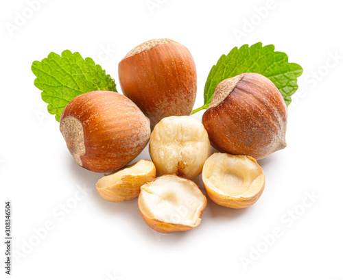 Obraz na plátně Fresh hazelnuts with green leaves, whole and cracked nuts for healthy snacking a