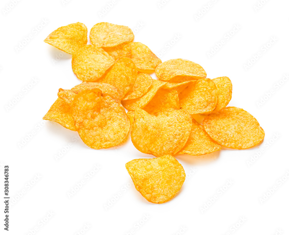 Tasty potato chips on white background Tasty potato chips on white background