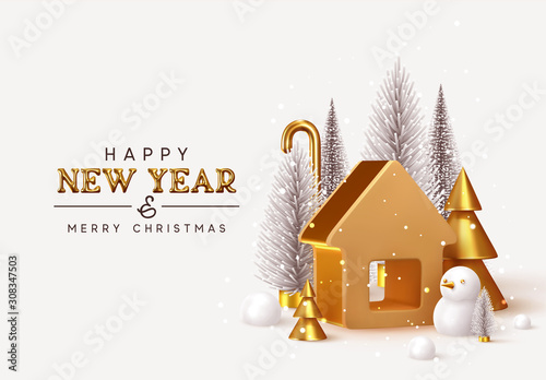 Happy New Year! Christmas trees lush and 3d golden conical fir, winter snow composition. Gold house. New Year Gold metal volumetric title text. Xmas holiday gift card. Creative stylish background