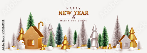 Happy New Year! Christmas trees lush green and silver and 3d golden conical, winter composition. Gold house. New Year Gold metal volume title text. Xmas holiday gift card. Creative stylish background