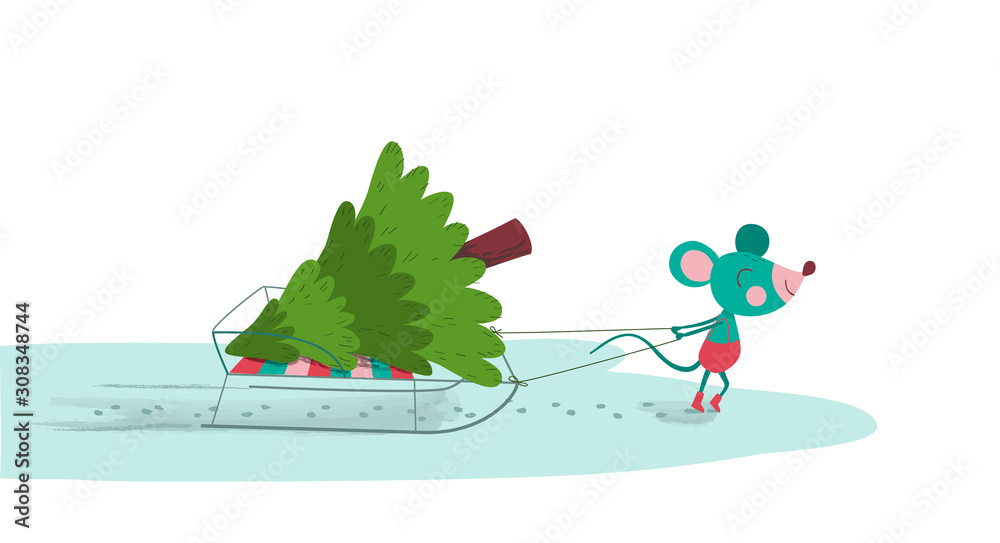 Cute mouse pulling sled with fir-tree on it