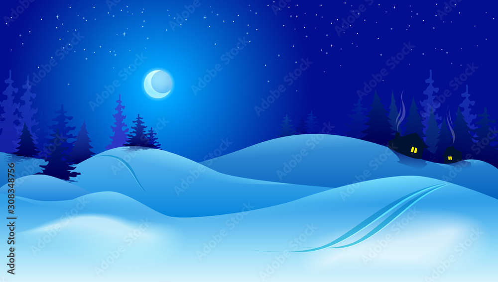 Vector illustration with beautiful night landscape in modern flat style. Template for design of banners, posters and much more. Hill houses with winter weather and blue mountains at night