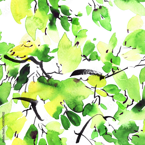 Watercolor painted tree leaves
