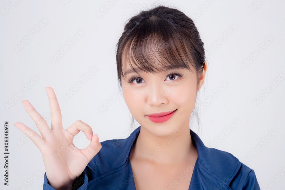 beautiful portrait young business asian woman standing gesture ok sign with confident isolated on white background, asia businesswoman career secretary work success with smiling and happy. beautiful portrait young business asian woman standing gesture ok sign with confident isolated on white background, asia businesswoman career secretary work success with smiling and happy.