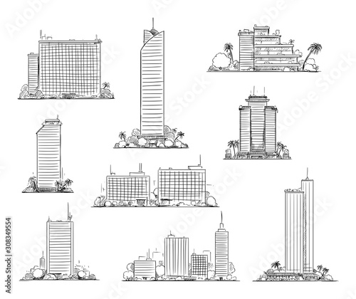 Vector hand drawn black and white illustration of set of modern city residential and commercial buildings and skyscrapers. Urban or cityscape landscapes.