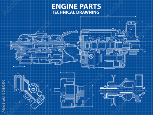 Technical blue background with drawings of details and mechanisms.Engine line drawing background. Vector illustration