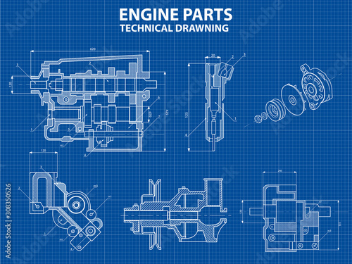 Technical blue background with drawings of details and mechanisms.Engine line drawing background. Vector illustration