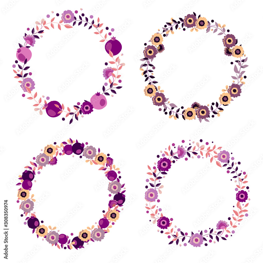 Set of vector purple floral wreaths