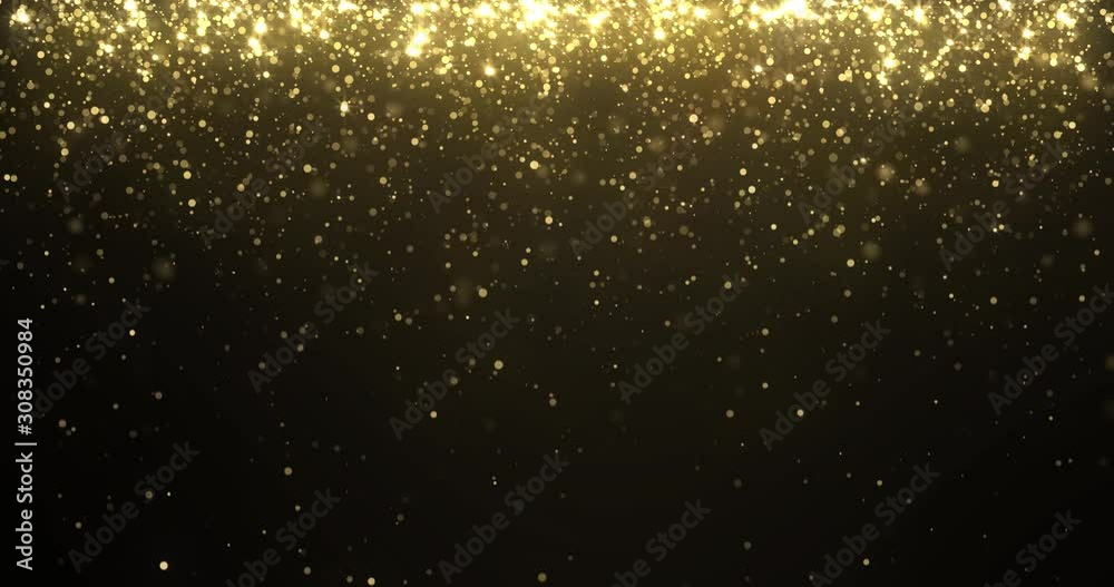 Gold glitter background with sparkle shine light confetti effect. Falling down glittering lights.  Luminous glittering light flare overlay black background. Golden radiance shimmer texture of falling 