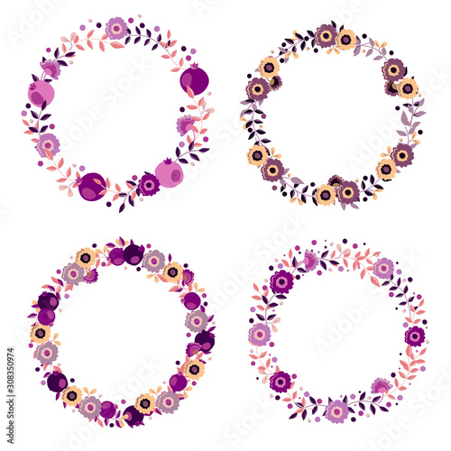 Set of vector purple floral wreaths