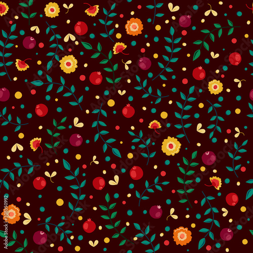 Vector dark pattern with pomegranate and leaves