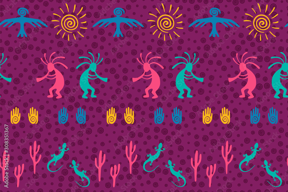 South american Peru flute player vector ethnic tribal motifs seamless pattern. South american Peru flute player vector ethnic tribal motifs seamless pattern.