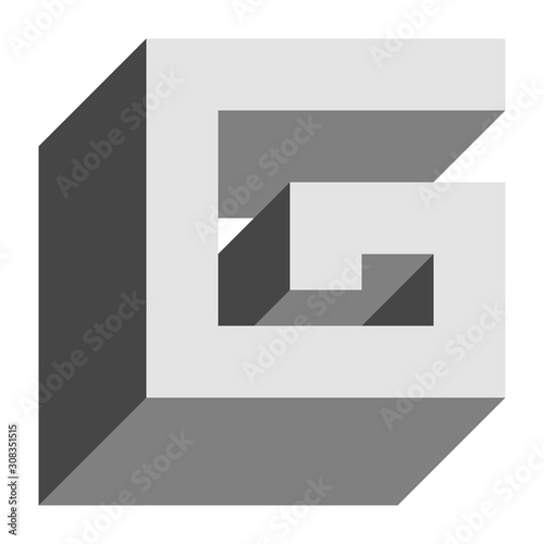 Letters and numbers - isometric cubic font 3d, front top down left view - bright gray letter G - vector