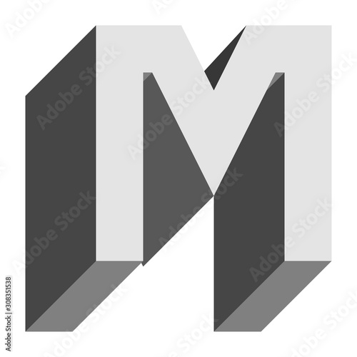 Letters and numbers - isometric cubic font 3d, front top down left view - bright gray letter M - vector