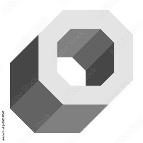 Letters and numbers - isometric cubic font 3d, front top down left view - bright gray letter O - vector