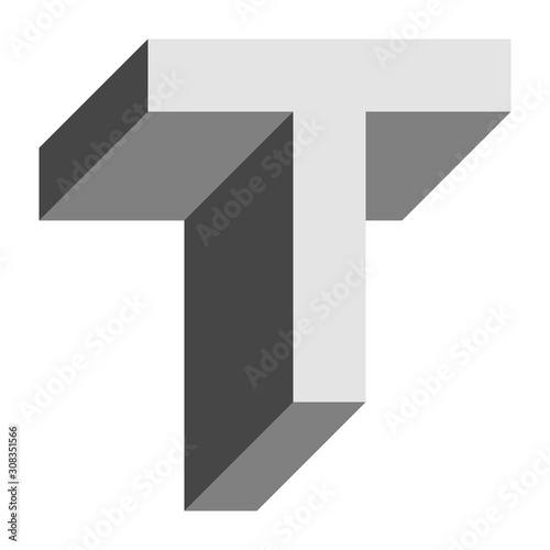 Letters and numbers - isometric cubic font 3d, front top down left view - bright gray letter T - vector