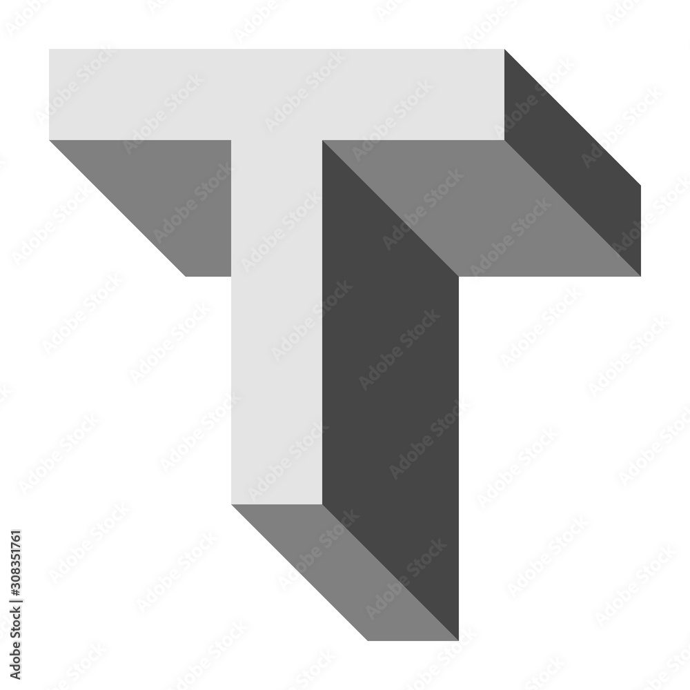 Letters and numbers - isometric cubic font 3d, front top down right view - bright gray letter T - vector