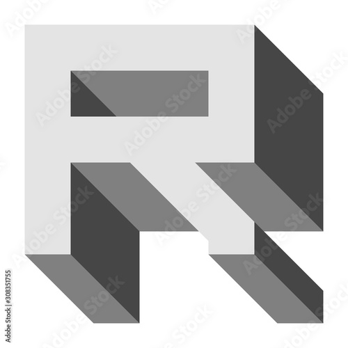 Letters and numbers - isometric cubic font 3d, front top down right view - bright gray letter R - vector
