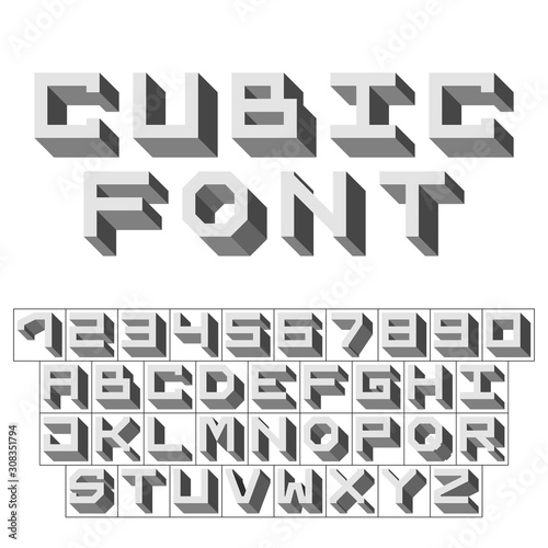 Letters and numbers - isometric cubic font 3d, front top down right view - bright gray letter and number set - vector