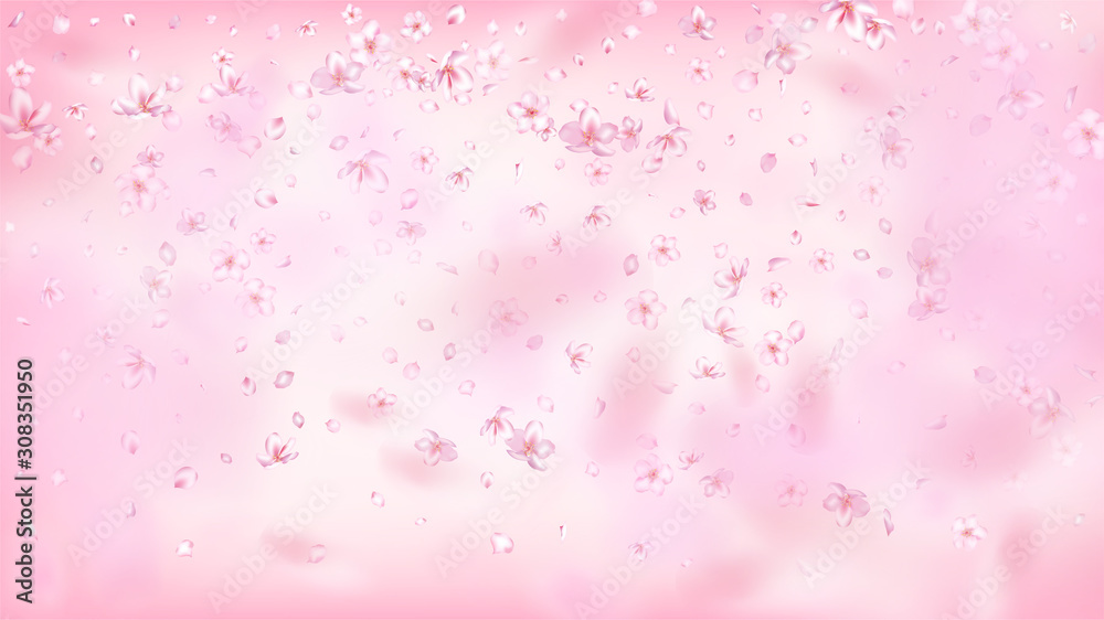 Nice Sakura Blossom Isolated Vector. Magic Flying 3d Petals Wedding Texture. Japanese Oriental Flowers Wallpaper. Valentine, Mother's Day Realistic Nice Sakura Blossom Isolated on Rose