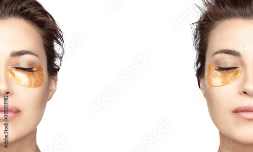 Tablou pe pânză Split portrait of a woman using hydrating collagen eye pads