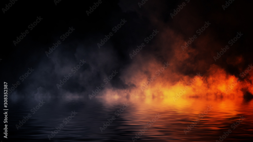 The confrontation of water vs fire. Mystical smoke with reflection on the shore. Stock illustration background. Design element.