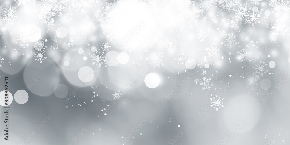 white and gray Christmas light with snowflake bokeh background, Winter backdrop wallpaper.