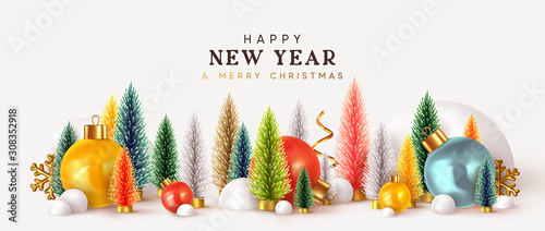 Happy New Year. Xmas design background, Christmas trees, Decorative balls, snow drifts. Holiday gift card, Festive poster, web banner, header for website. Winter season with traditional elements.